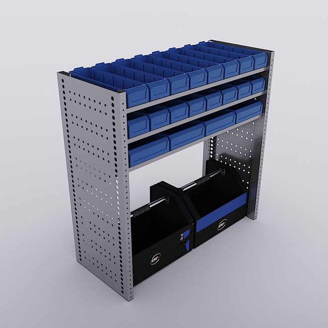 Bilreol med 20 plastkasser, 2 toolbags