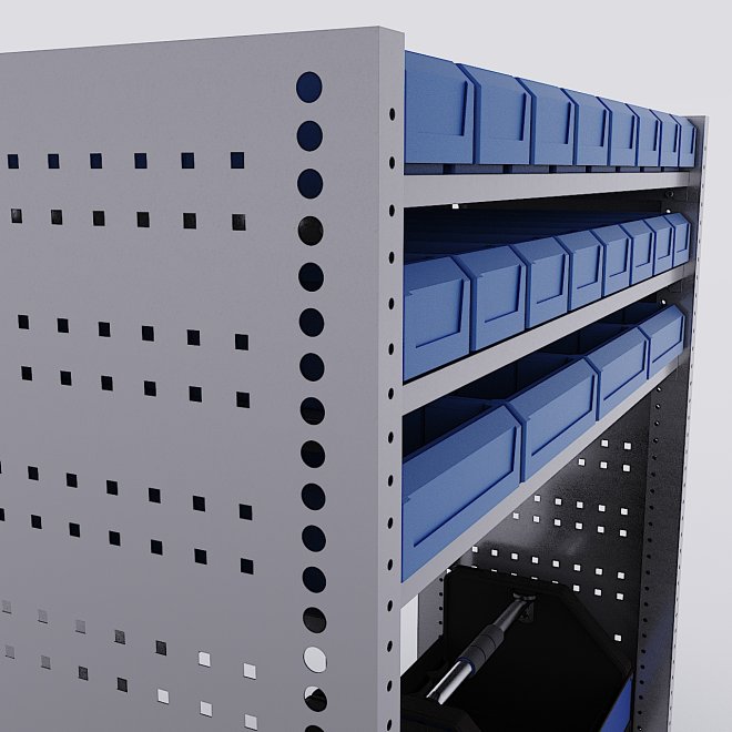 Bilreol med 20 plastkasser, 2 toolbags