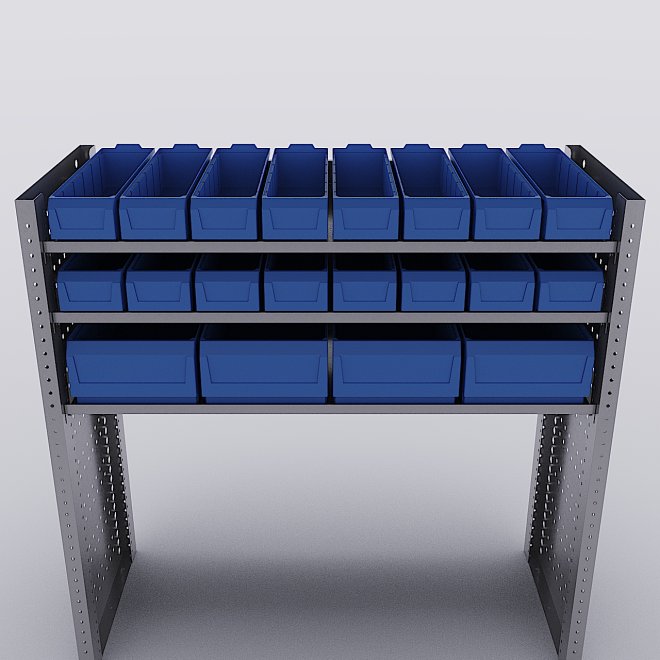 Bilreol med 20 plastkasser