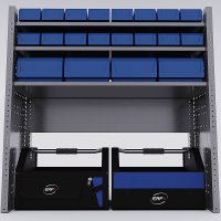 Bilreol med 20 plastkasser, 2 toolbags