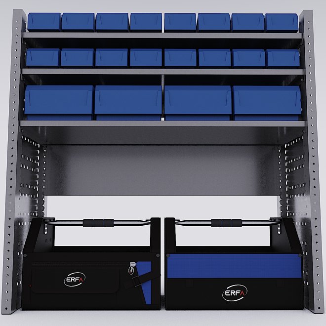 Bilreol med 20 plastkasser, 2 toolbags