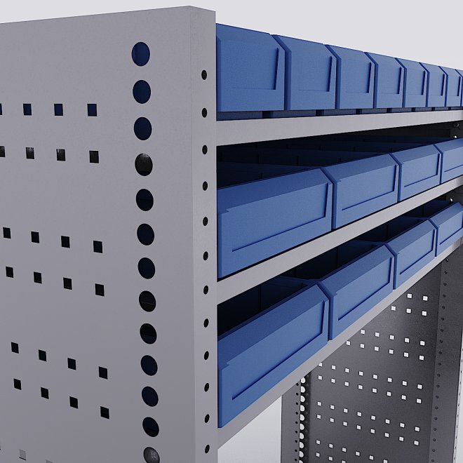 Bilreol med 16 plastkasser