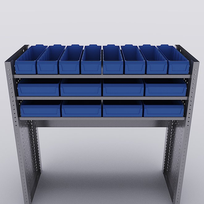 Bilreol med 16 plastkasser