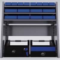 Bilreol med 16 plastkasser, 2 toolbags