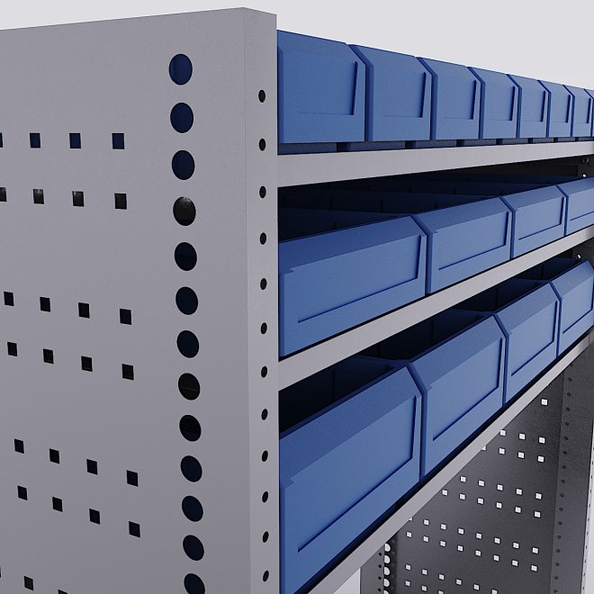 Bilreol med 16 plastkasser