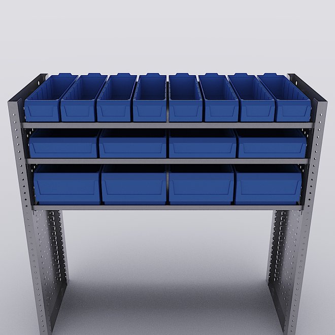 Bilreol med 16 plastkasser