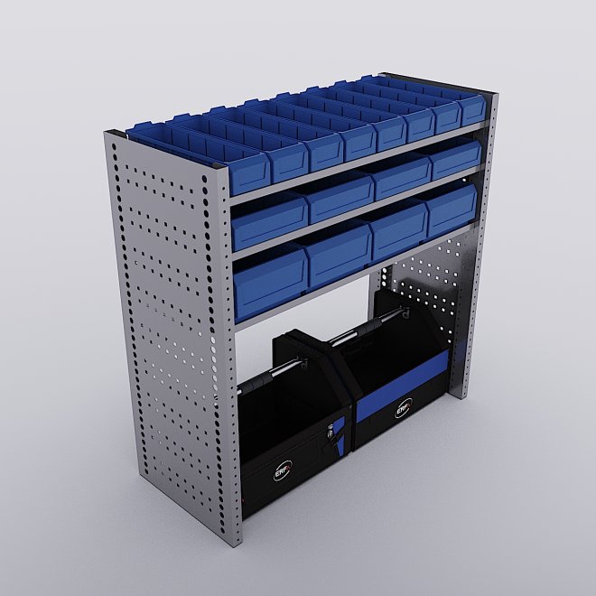 Bilreol med 16 plastkasser, 2 toolbags