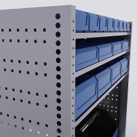 Bilreol med 16 plastkasser, 2 toolbags