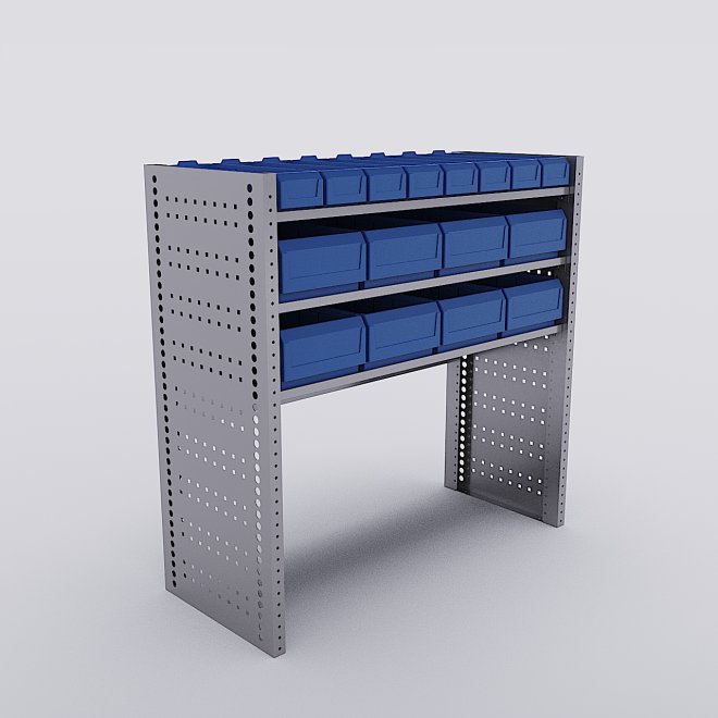 Bilreol med 16 plastkasser