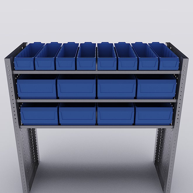 Bilreol med 16 plastkasser