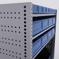 Bilreol med 16 plastkasser, 2 toolbags