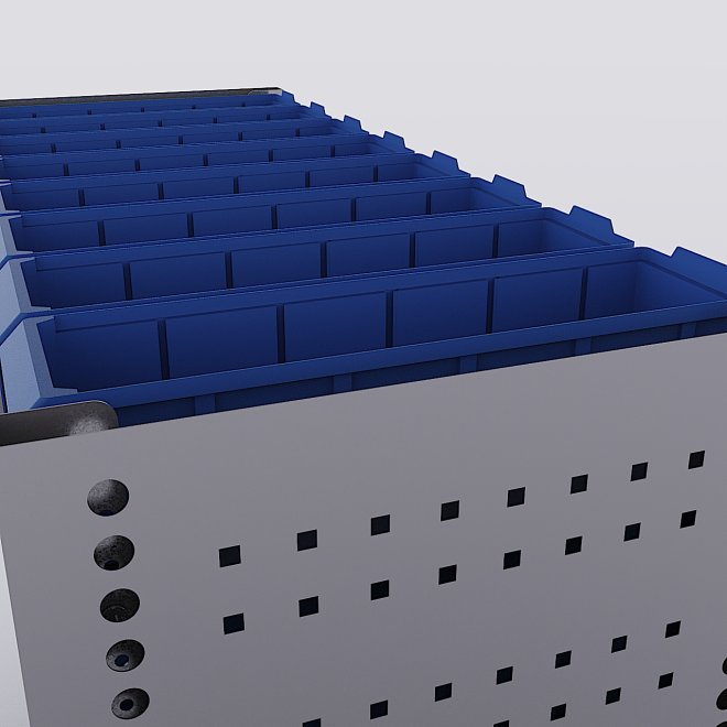 Bilreol med 16 plastkasser, 2 toolbags