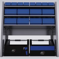 Bilreol med 16 plastkasser, 2 toolbags