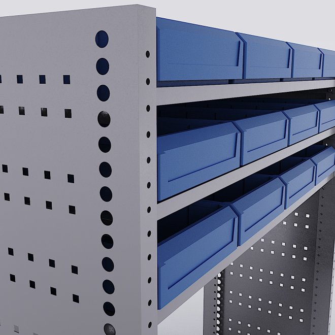 Bilreol med 12 plastkasser