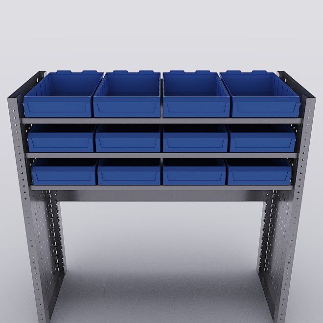 Bilreol med 12 plastkasser