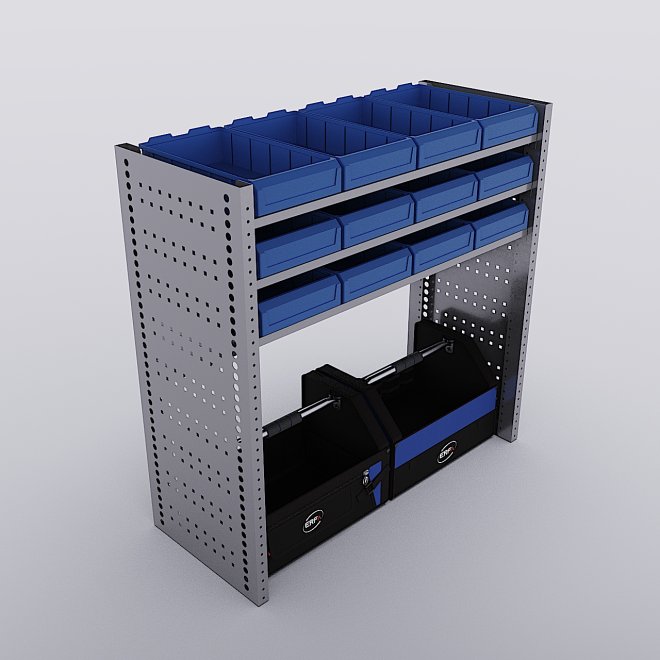 Bilreol med 12 plastkasser, 2 toolbags