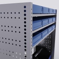 Bilreol med 12 plastkasser, 2 toolbags