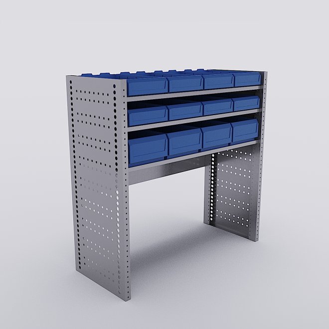 Bilreol med 12 plastkasser