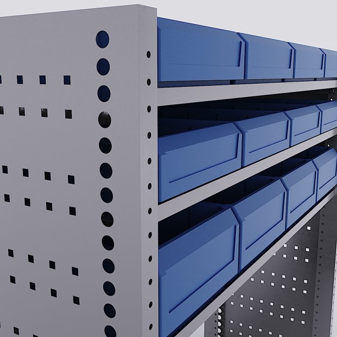 Bilreol med 12 plastkasser