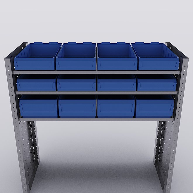 Bilreol med 12 plastkasser