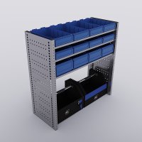 Bilreol med 12 plastkasser, 2 toolbags