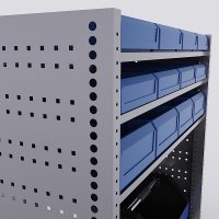 Bilreol med 12 plastkasser, 2 toolbags