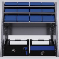 Bilreol med 12 plastkasser, 2 toolbags