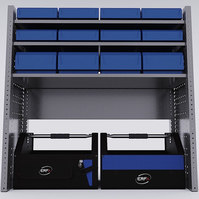 Bilreol med 12 plastkasser, 2 toolbags