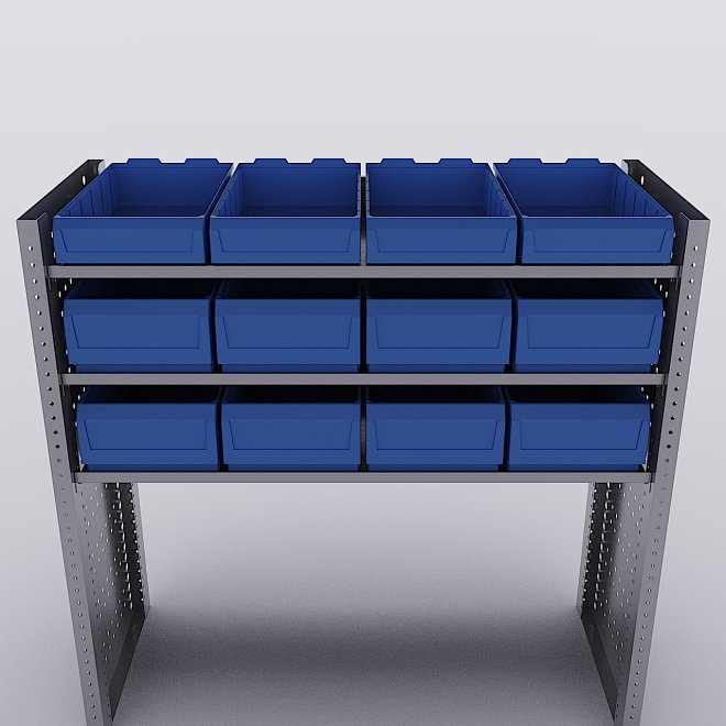 Bilreol med 12 plastkasser