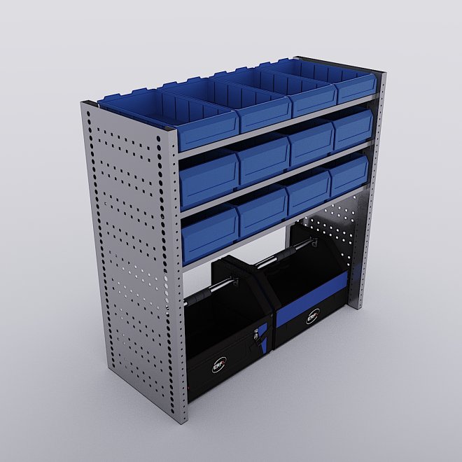 Bilreol med 12 plastkasser, 2 toolbags