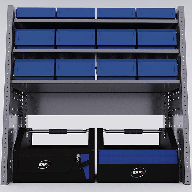 Bilreol med 12 plastkasser, 2 toolbags