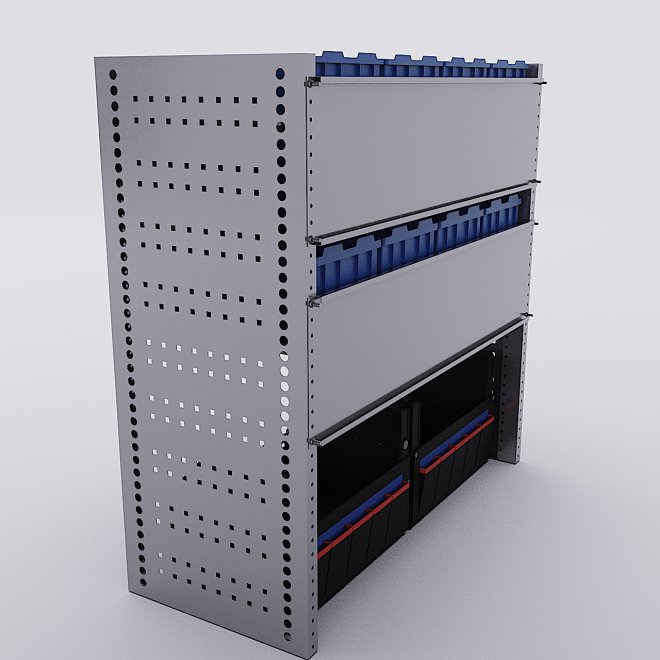 Bilreol med 12 plastkasser, 2 toolbags