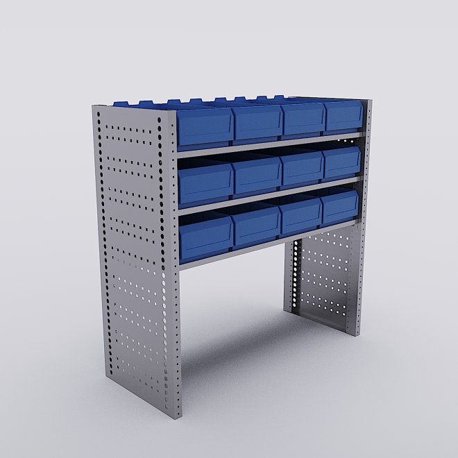 Bilreol med 12 plastkasser