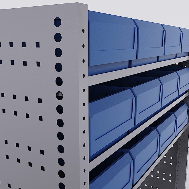 Bilreol med 12 plastkasser