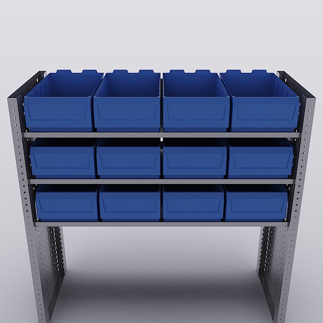 Bilreol med 12 plastkasser