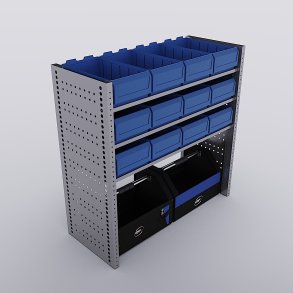 Bilreol med 12 plastkasser, 2 toolbags