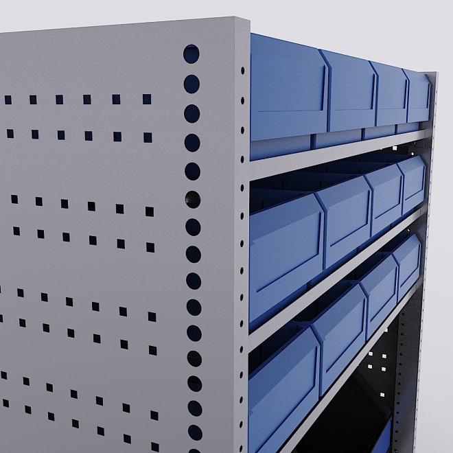 Bilreol med 12 plastkasser, 2 toolbags