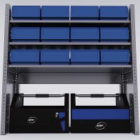 Bilreol med 12 plastkasser, 2 toolbags