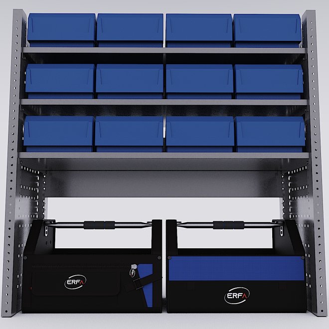 Bilreol med 12 plastkasser, 2 toolbags