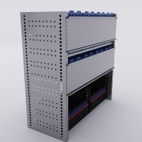 Bilreol med 12 plastkasser, 2 toolbags