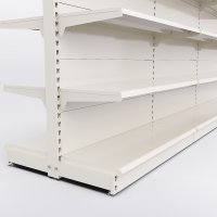 Butiksreol 3 fag dobbeltsidet med 5 metalhylder