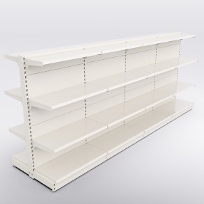 Butiksreol 4 fag dobbeltsidet med 3 metalhylder