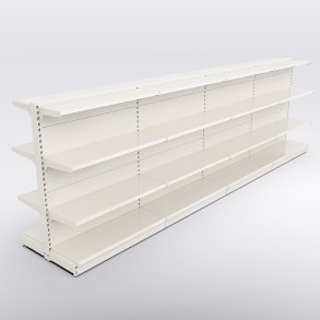Butiksreol 4 fag dobbeltsidet med 3 metalhylder