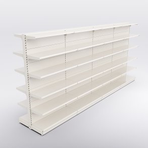Butiksreol 4 fag dobbeltsidet med 5 metalhylder