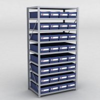 Stahlregal mit 32 Kunststoffboxen
