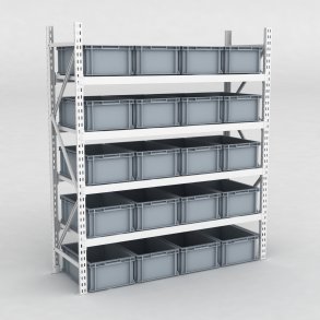 Grofachregal 1 Feld mit 20 Kunststoffboxen in Grau