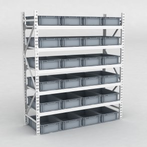 Grofachregal 1 Feld mit 24 Kunststoffboxen in Grau