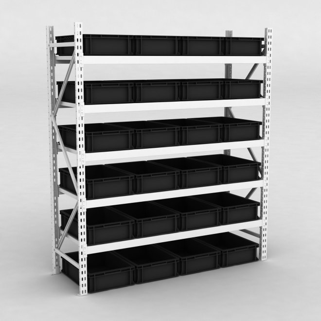 Lagerhylla inkl. 24 svarta plastldor