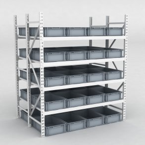 Grofachregal 1 Feld mit 40 Kunststoffboxen in Grau