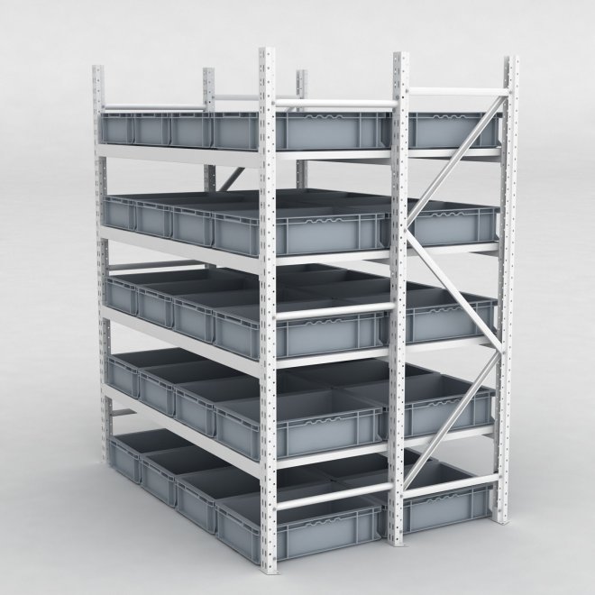Grofachregal 1 Feld mit 40 Kunststoffboxen in Grau